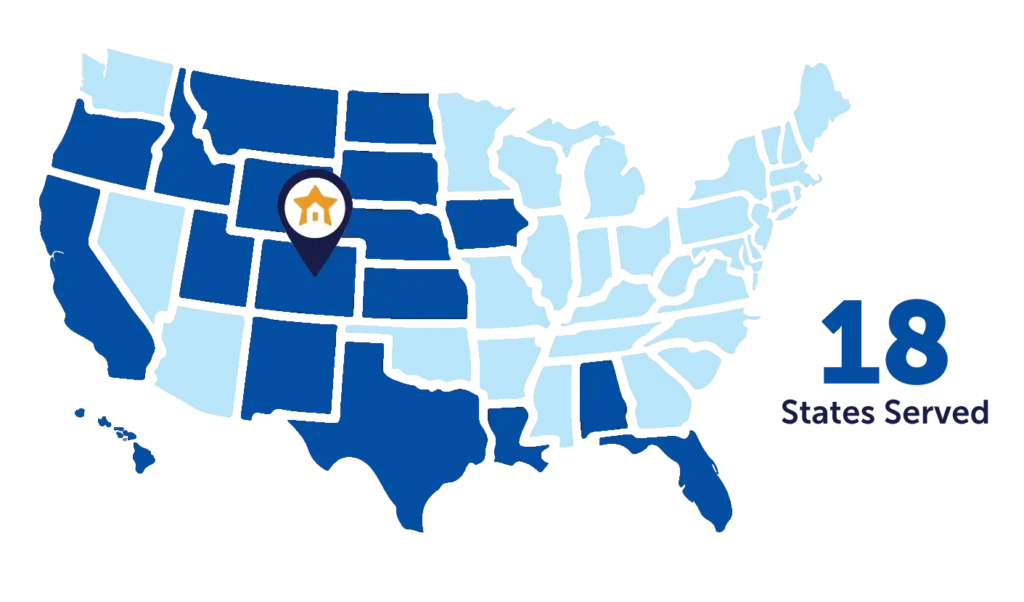 A map of the US showing the 18 states where Brent's Place guests have come from